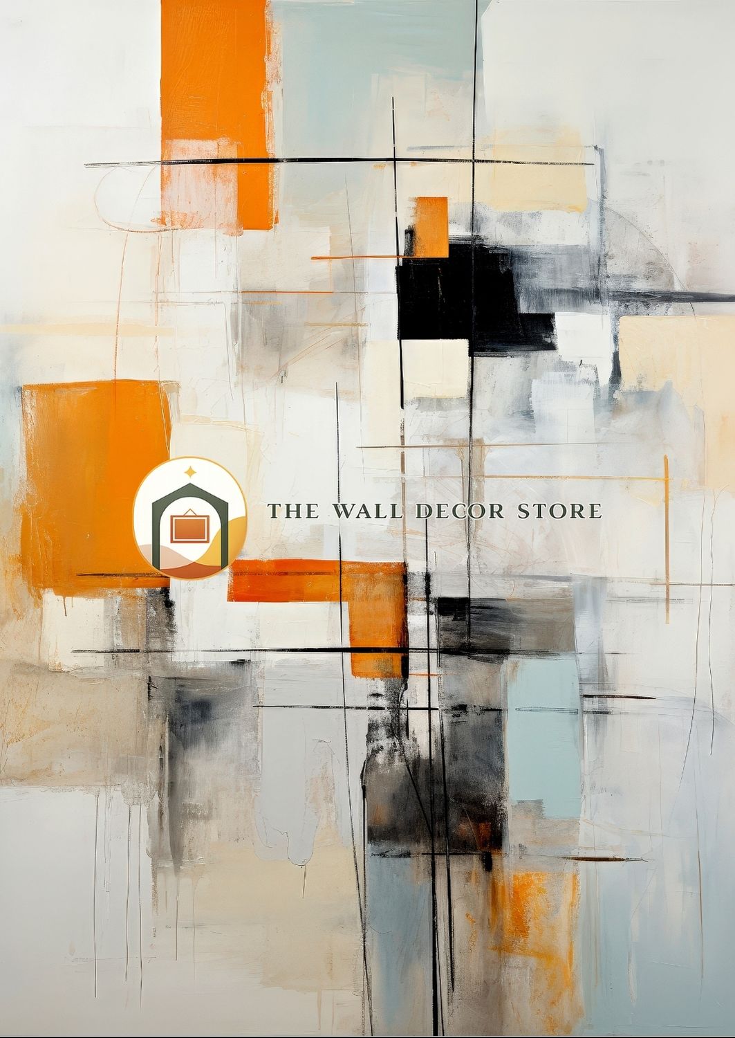 Abstract art painting with geometric shapes and 'The Wall Decor Store' logo.