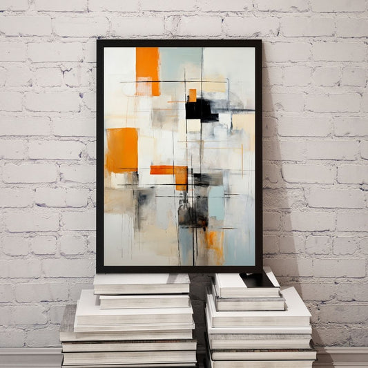 Abstract art piece with orange, blue, and black colors on a white brick wall.