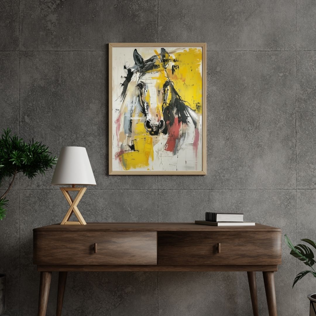 Abstract painting of a horse on a gray wall above a wooden console table.