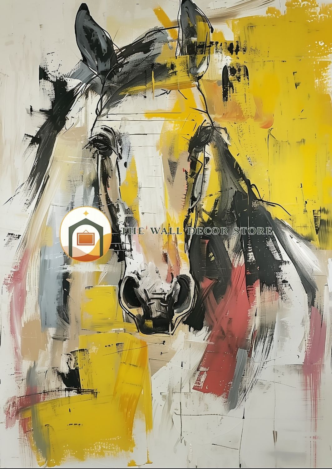 Abstract painting of a horse with bold colors on a white background