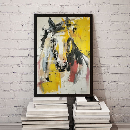 Abstract art of a horse head on a white brick wall