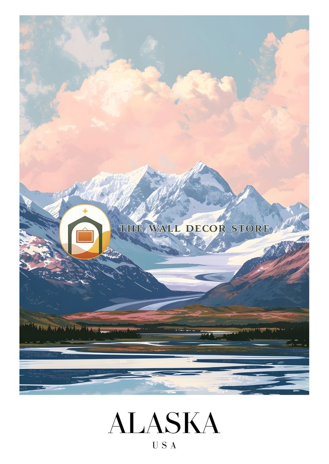 Alaska landscape with mountains and lake, branded 'The Wall Decor Store'.