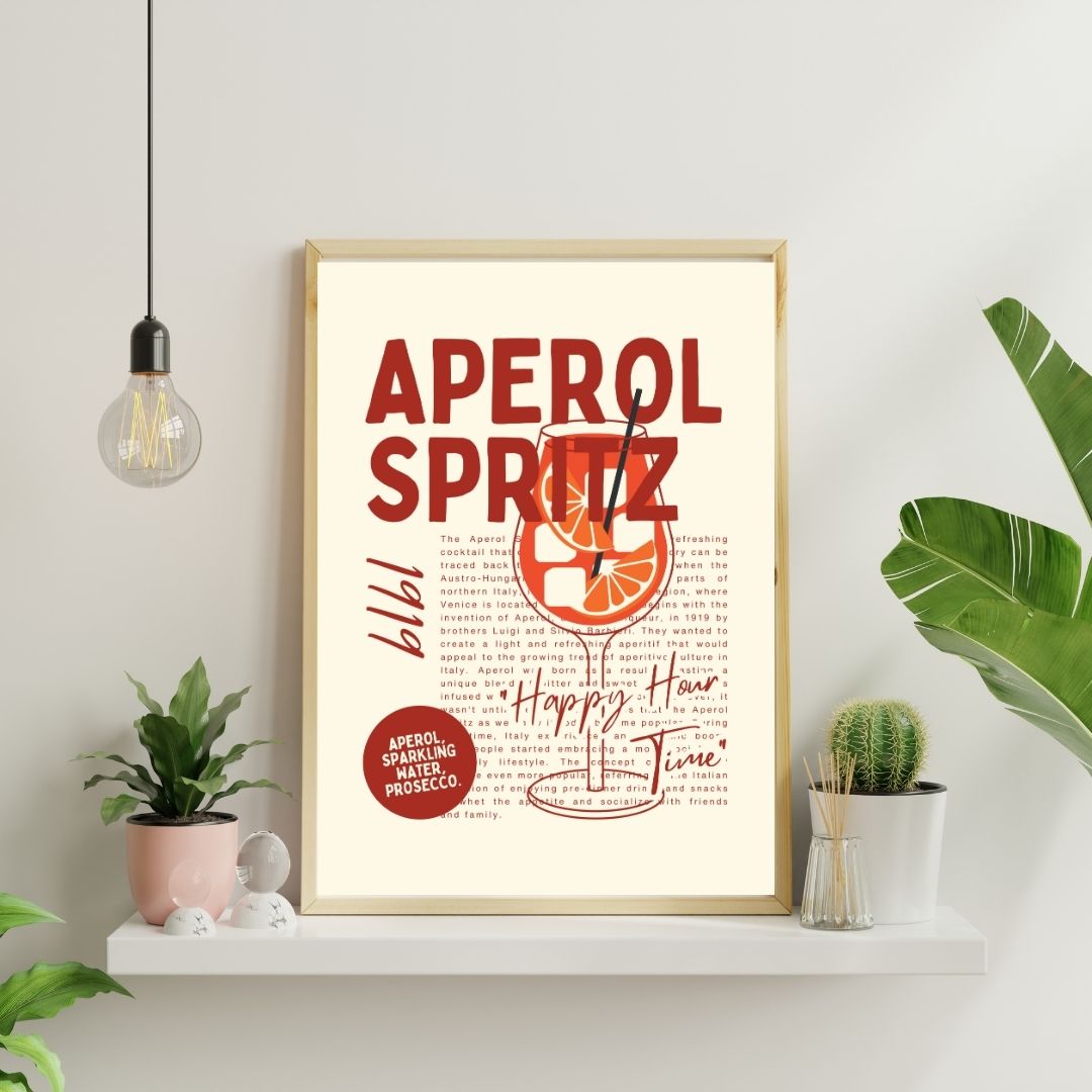 Framed Aperol Spritz recipe poster on a wall with plants and a light bulb.