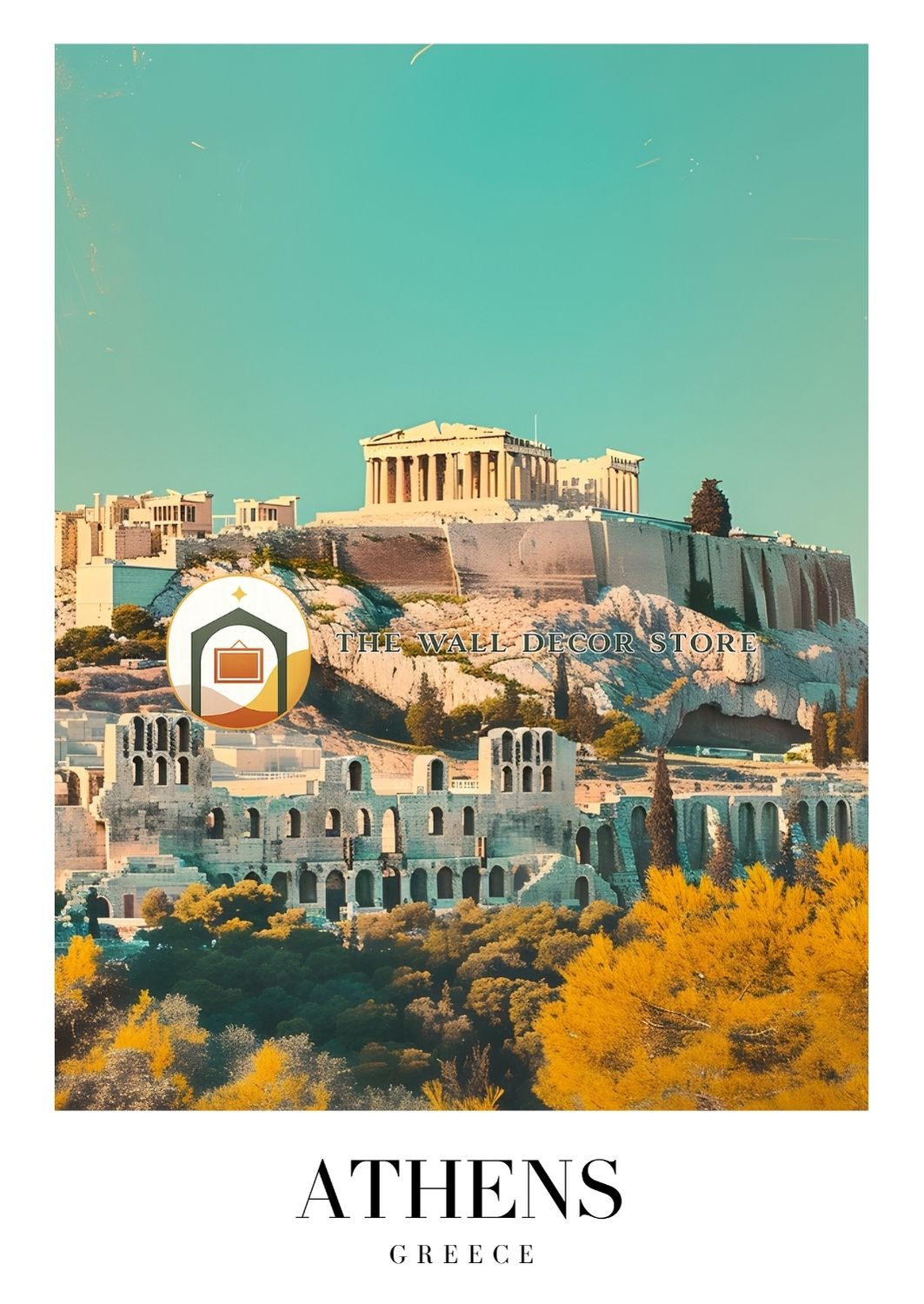 Acropolis of Athens with a clear blue sky, featuring The Wall Decor Store logo.