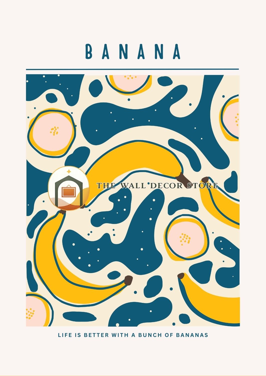 Decorative poster with banana-themed abstract design and text.