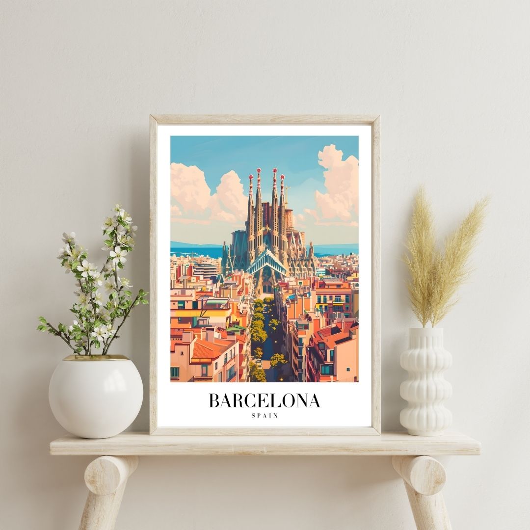 Framed artwork of Barcelona with decorative plants on a shelf.