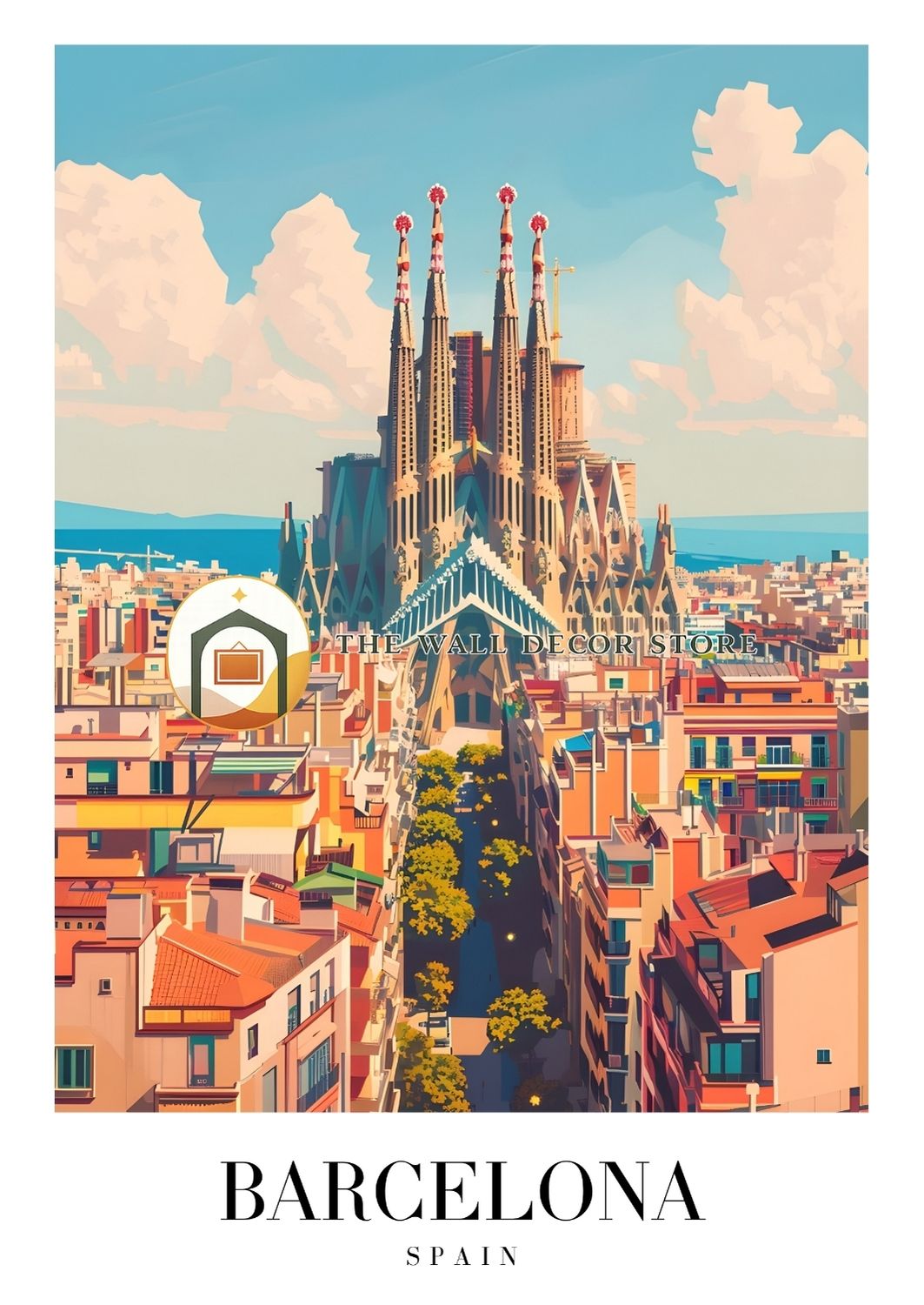 Colorful illustration of Barcelona with the Sagrada Familia, featuring the brand 'The Wall Decor Store'.