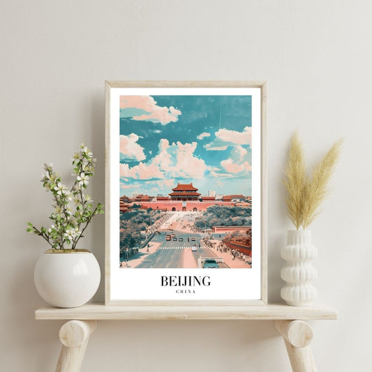 Framed artwork of Beijing with decorative plants on a shelf.