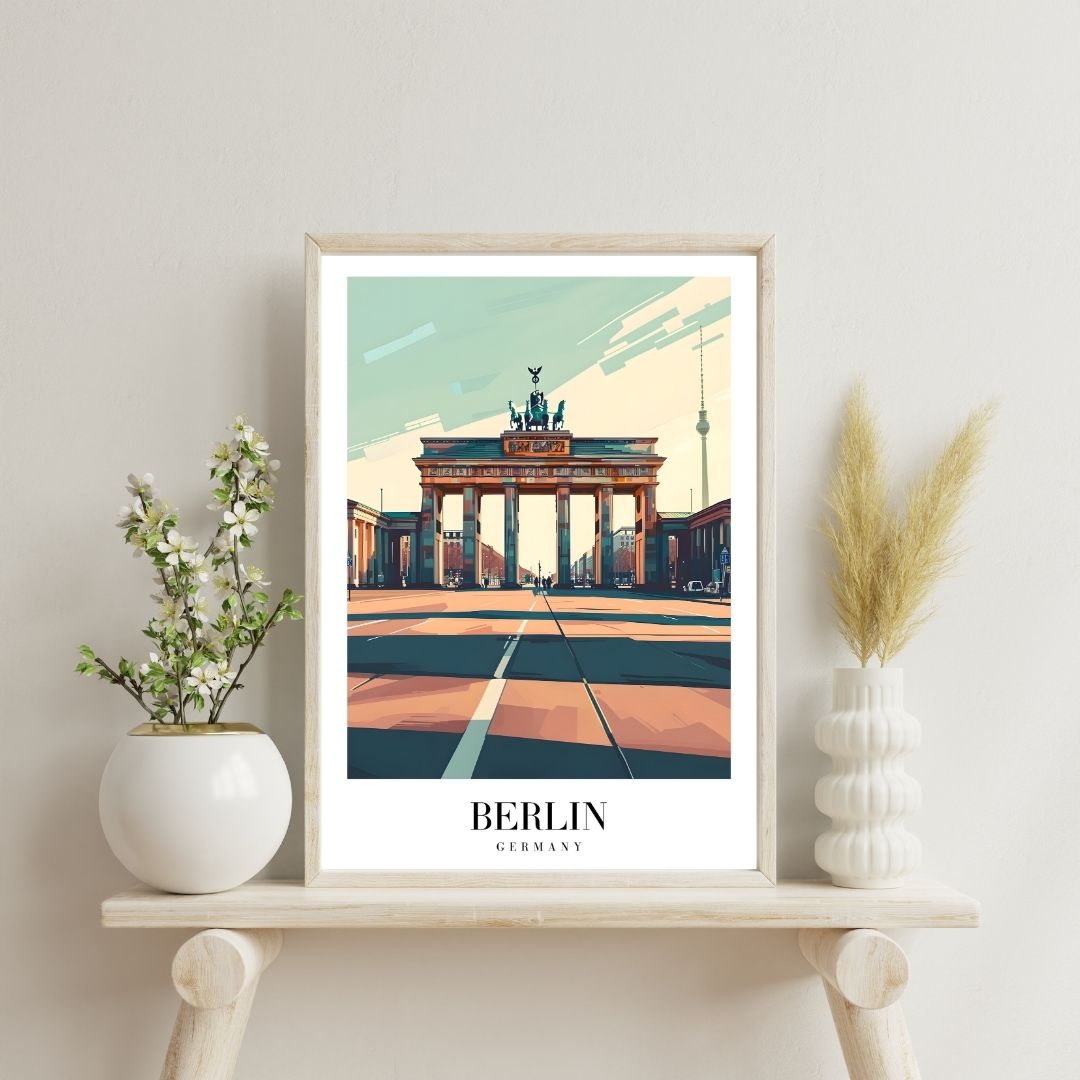 Framed artwork of Berlin with decorative plants on a shelf.