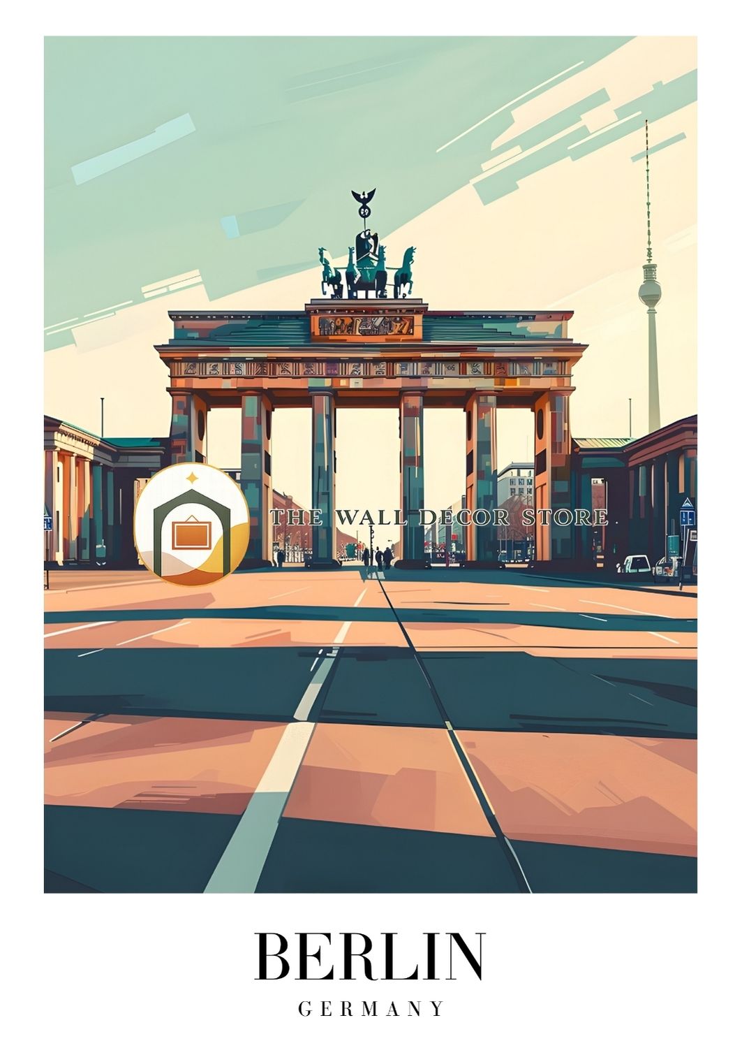 Illustration of the Brandenburg Gate in Berlin with 'The Wall Decor Store' branding.