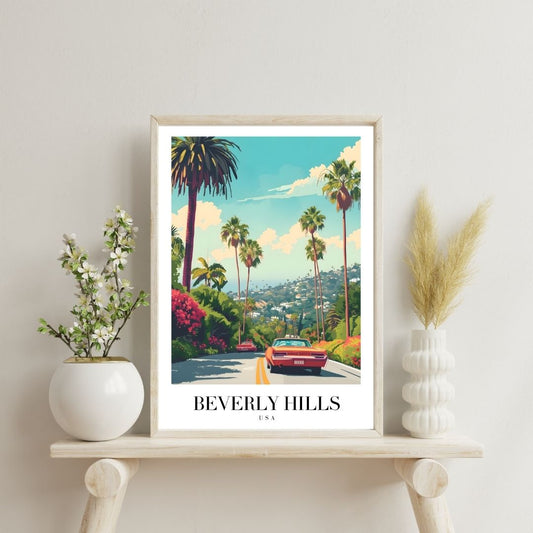 Framed artwork of Beverly Hills with palm trees and a car on a shelf.