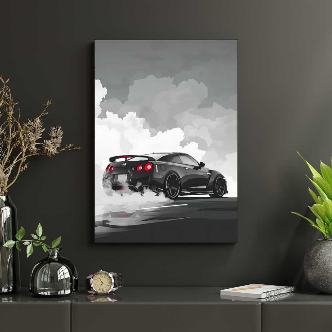 Framed artwork of a black sports car on a dark wall with decorative items below.