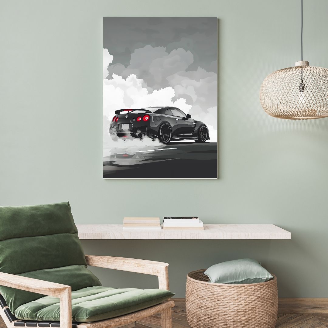 Modern interior with a green armchair, woven stool, and framed car artwork on the wall.
