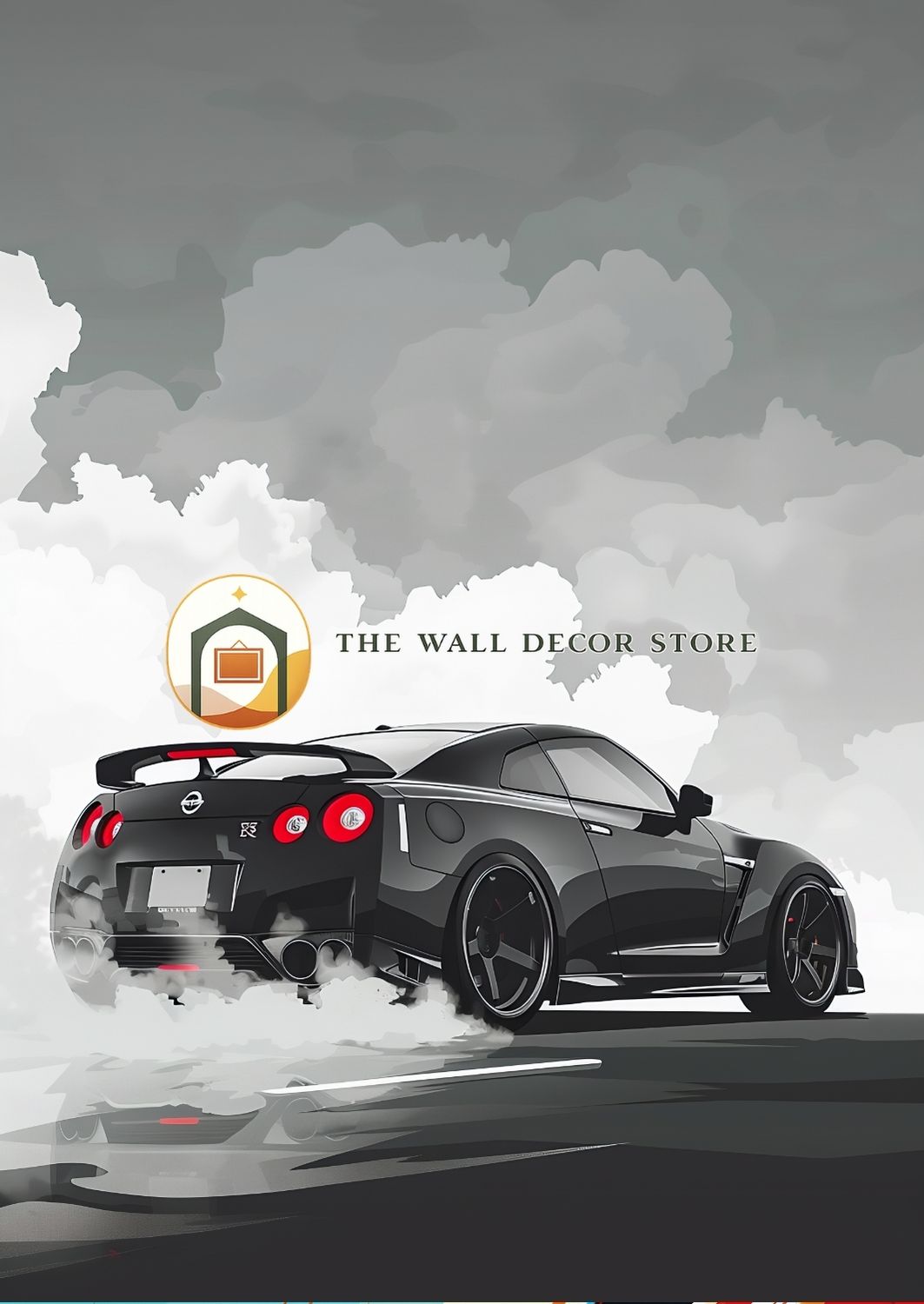 Two sports cars on a road with a clouded sky, featuring 'The Wall Decor Store' logo.