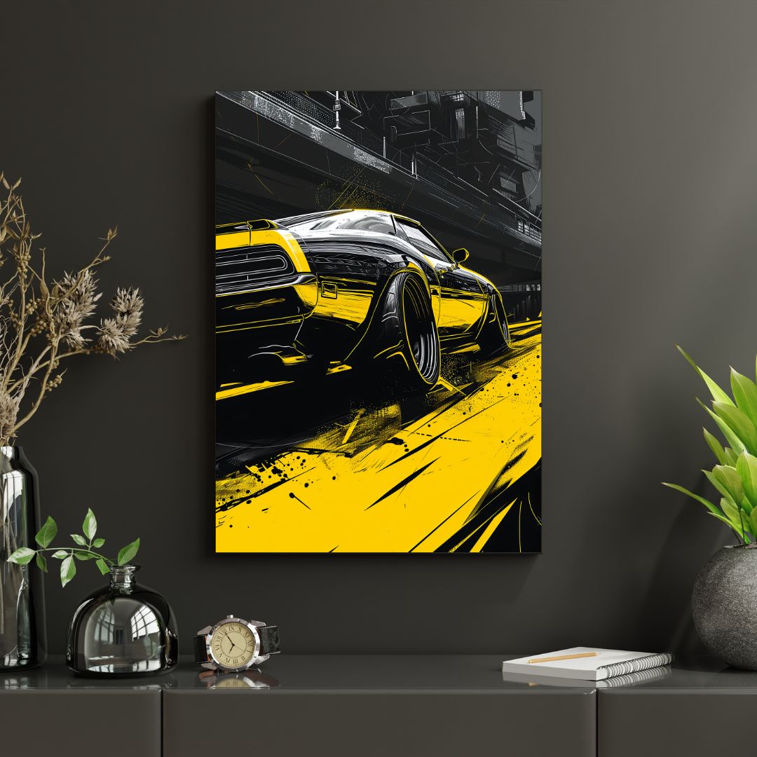 Canvas print of a yellow and black car on a dark wall with decorative items below.