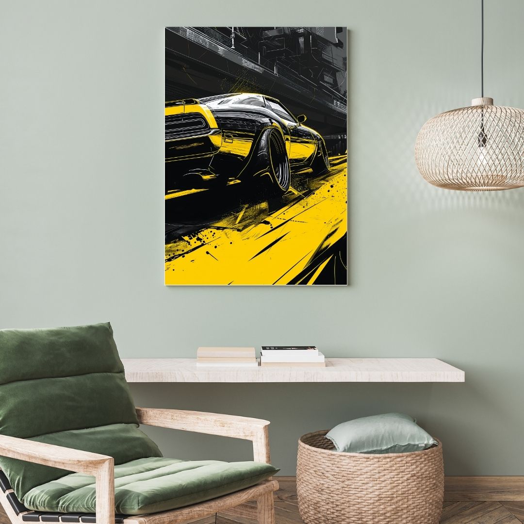 Modern interior with a green armchair, woven basket, and abstract car painting on the wall.