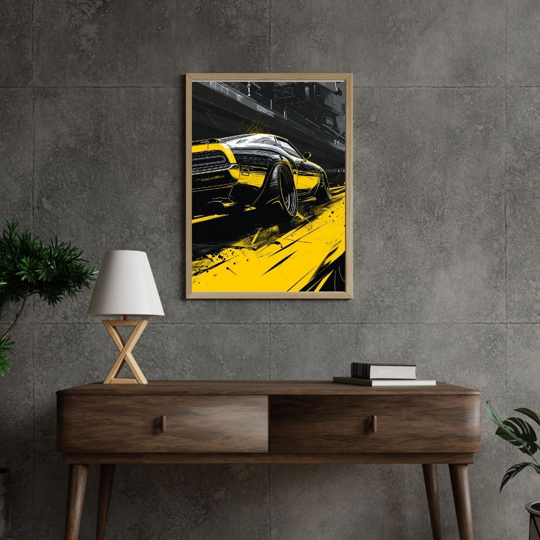 Framed artwork of a yellow car on a gray wall above a wooden console table.