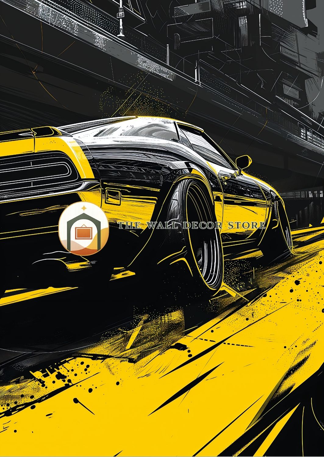 Yellow and black car illustration on a dark background with 'The Wall Decor Store' logo.