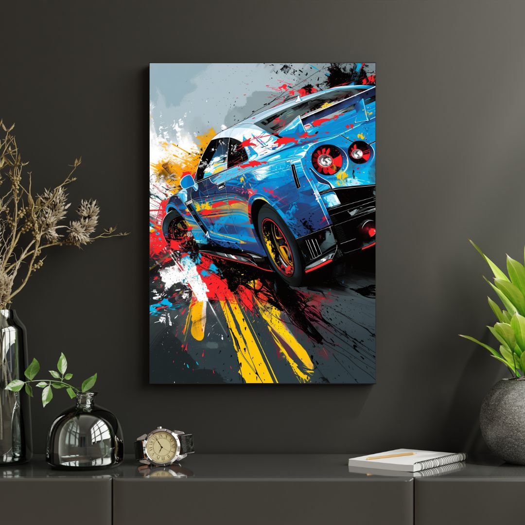 Colorful abstract painting of a car on a dark wall with decorative items below.