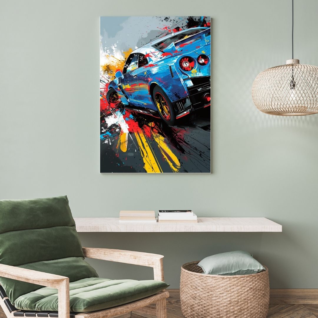 Colorful abstract painting of a car on a wall above a green chair and small table.