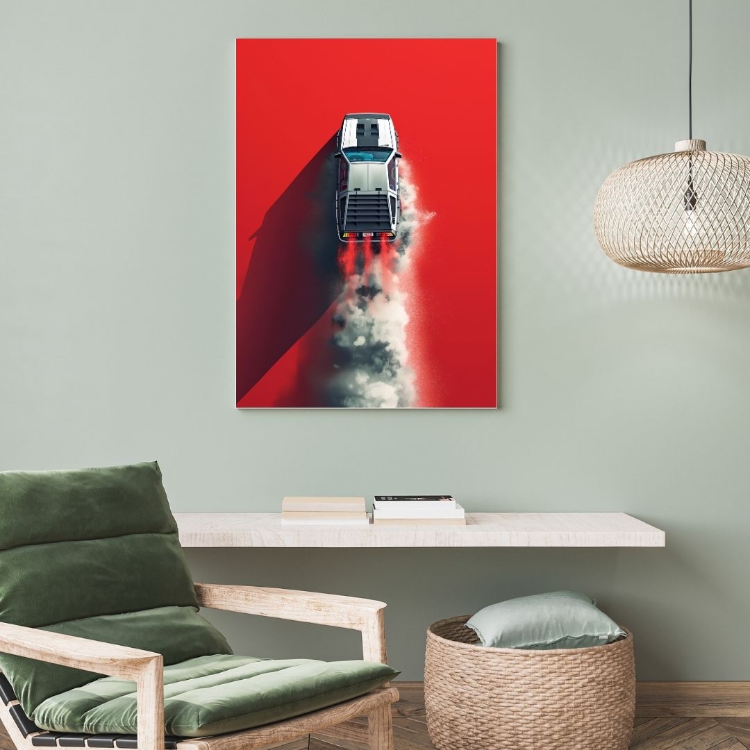 Futuristic vehicle painting on a red background in a modern living room.