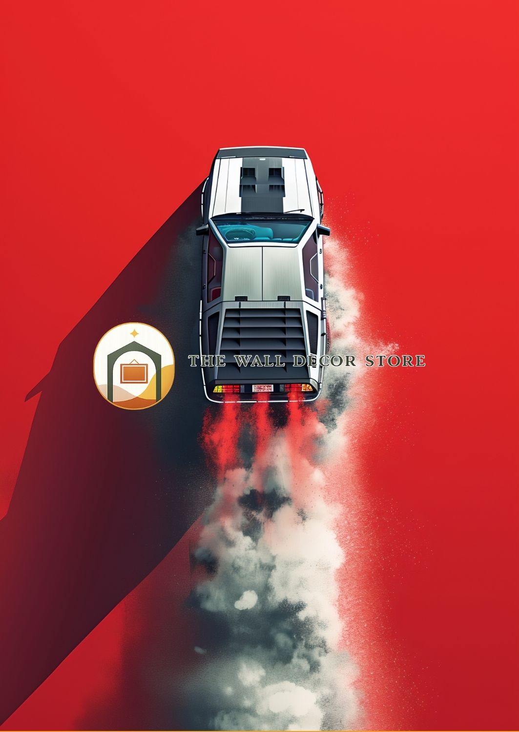 Top-down view of a car on a red background with 'The Wall Decor Store' logo.