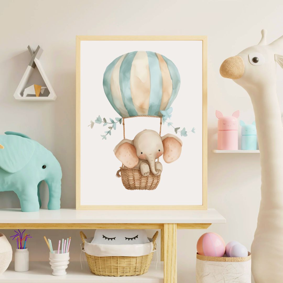 Framed artwork of an elephant in a hot air balloon in a child's room with toys and decor.