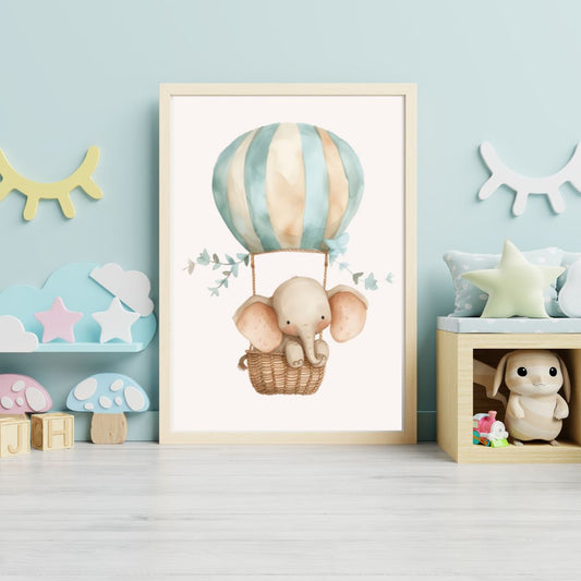 Framed artwork of an elephant in a hot air balloon in a child's room.