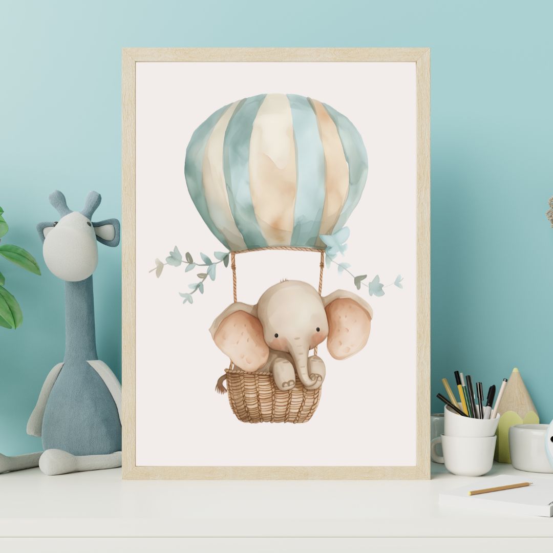 Framed artwork of an elephant in a hot air balloon with a blue wall and toys in the background