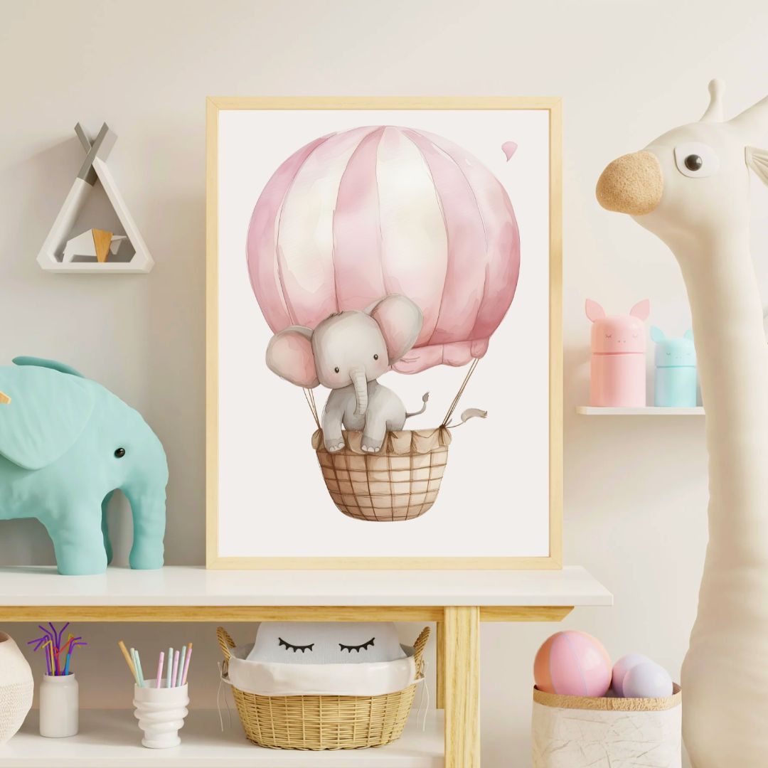 Framed artwork of a elephant in a pink hot air balloon in a child's room.