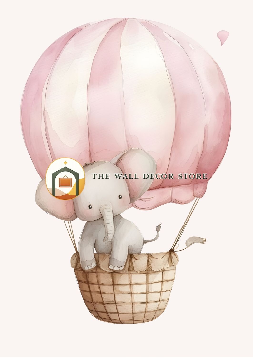 Illustration of an elephant in a hot air balloon with 'The Wall Decor Store' logo.