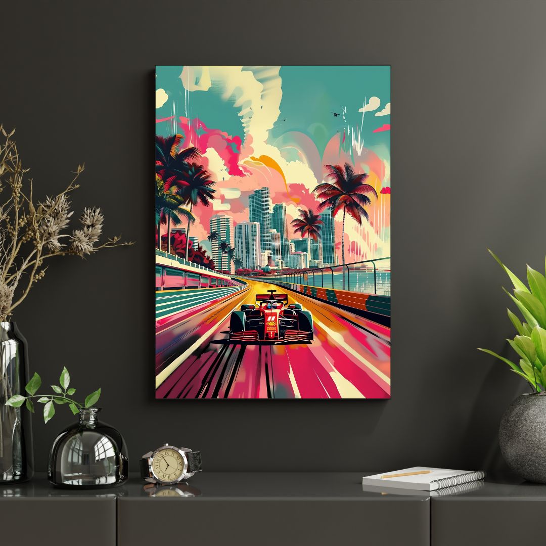 Colorful painting of a race car on a city street with palm trees, displayed on a dark wall.