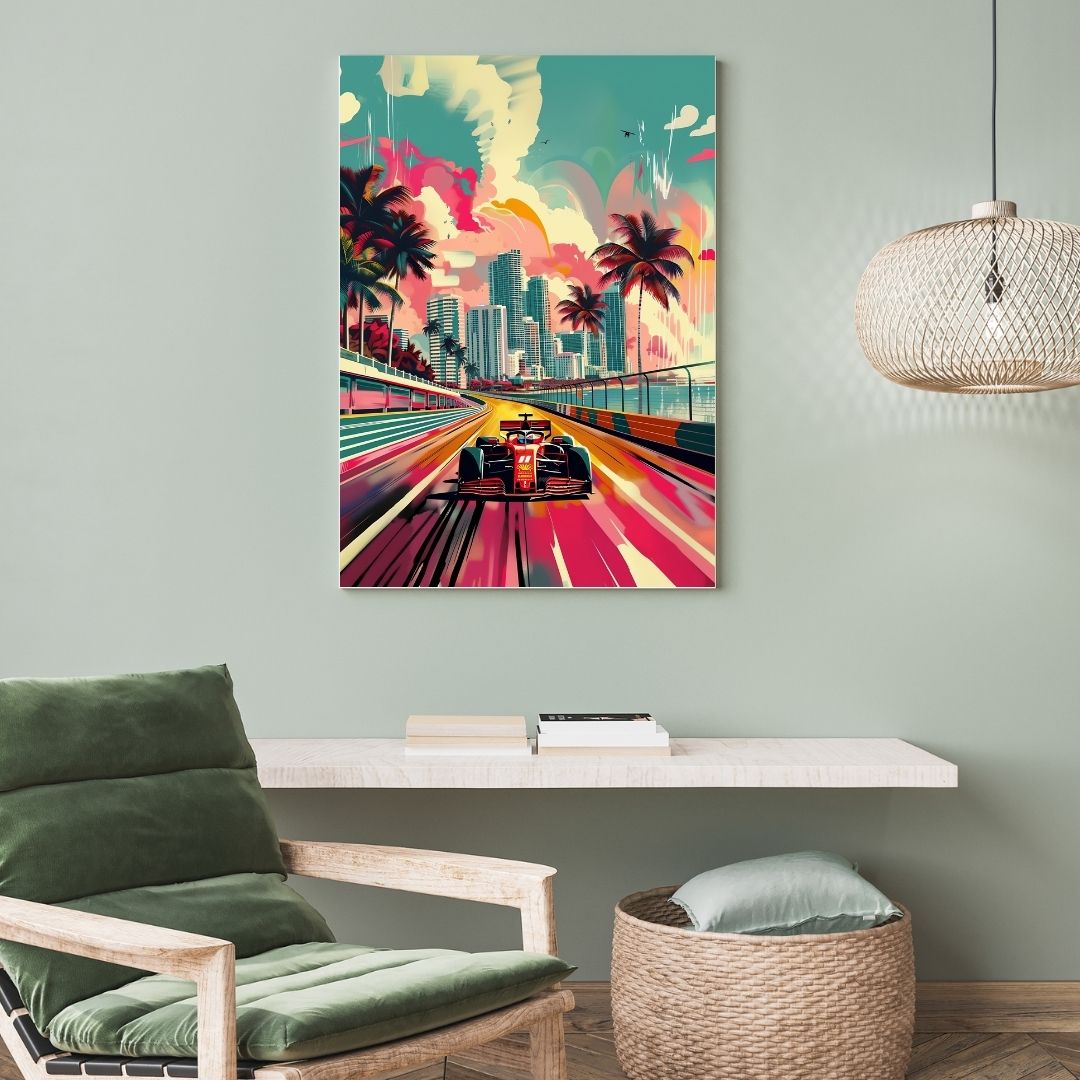 Colorful abstract painting of a race car on a city street, hanging above a green armchair in a room.