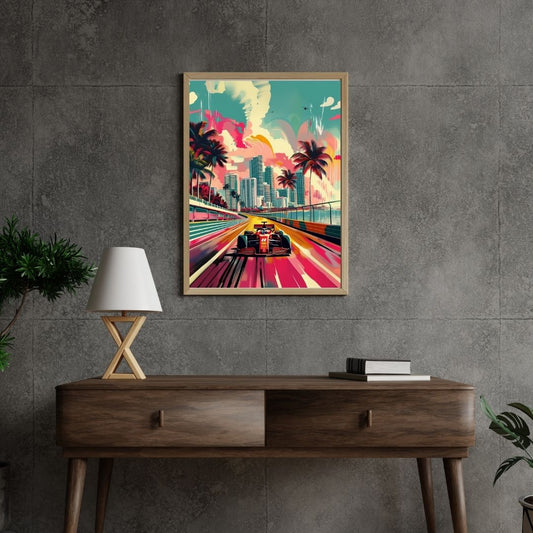 Framed colorful cityscape poster on a gray wall above a wooden console table.