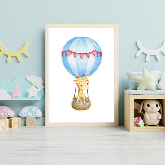 Framed artwork of a giraffe in a hot air balloon in a child's room.