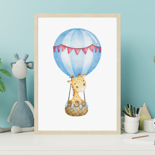 Framed artwork of a giraffe in a hot air balloon on a wall with decorative items.
