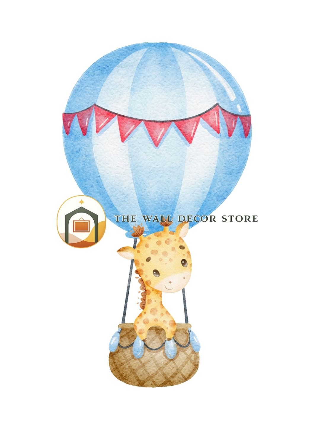 Illustration of a giraffe in a hot air balloon with blue sky and red flags, from 'The Wall Decor Store'.