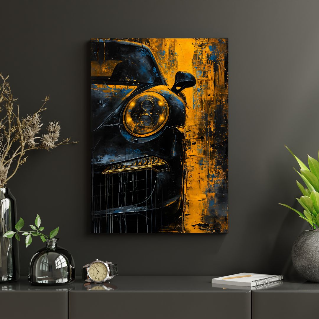 Canvas print of a car's front grille on a dark wall with decorative items below.