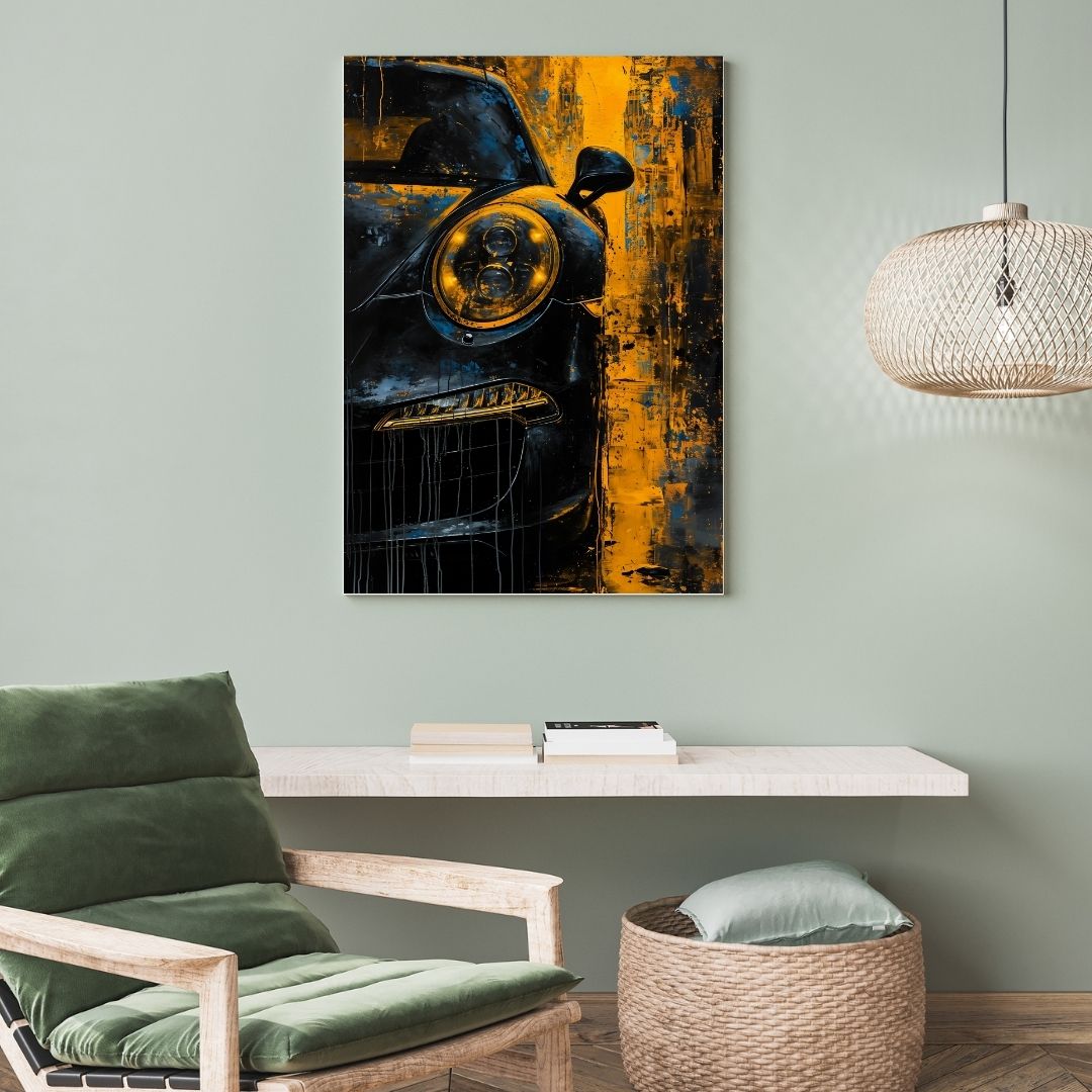 Abstract painting of a car on a wall above a green chair and small table.
