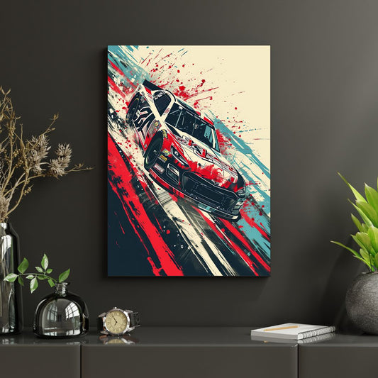 Abstract painting of a car on a wall with decorative items below