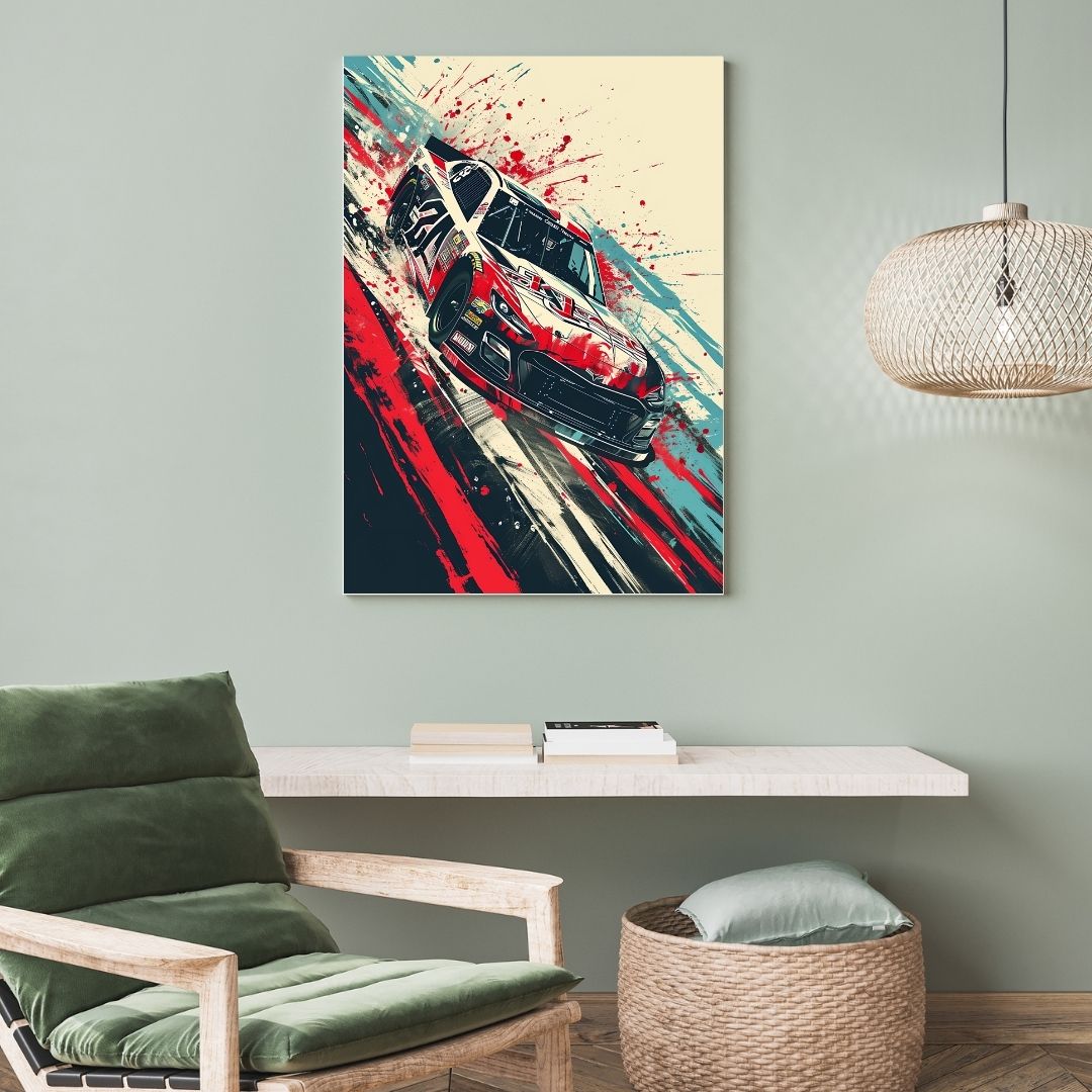 Abstract painting of a car on a wall in a modern living room.