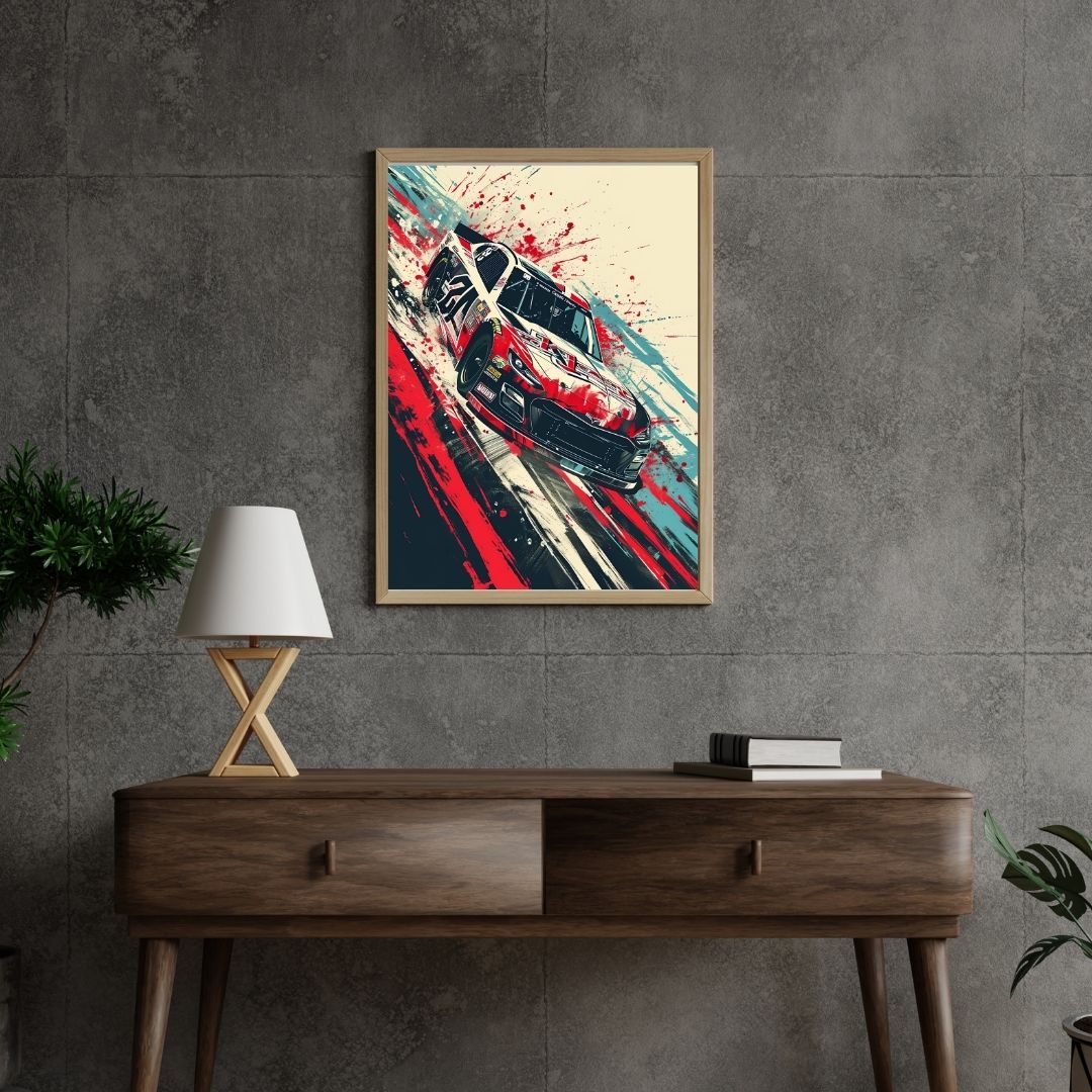 Framed abstract art piece on a gray wall above a wooden console table.