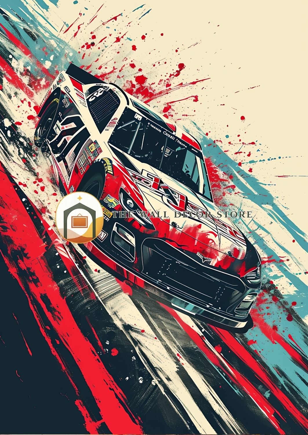 Car illustration with abstract red and blue splashes on a beige background