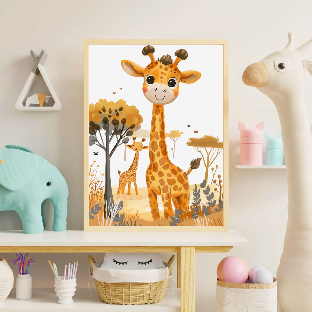 Framed children's poster of a giraffe in a natural setting, displayed on a shelf with toys and decor.