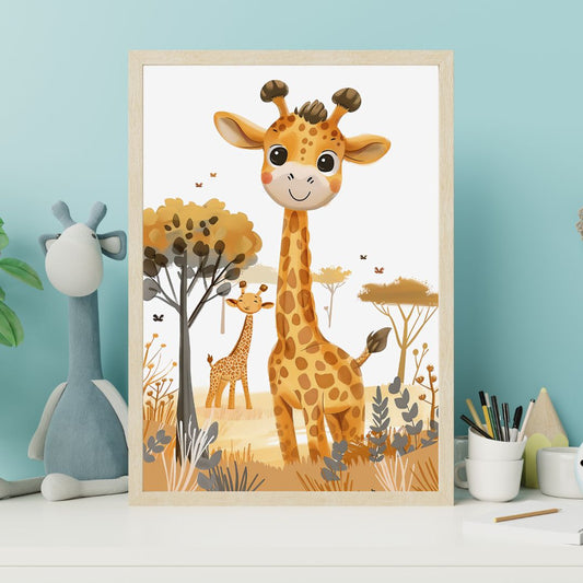Framed children's poster of a giraffe and baby giraffe in an African savanna setting, displayed on a shelf with a plush toy and stationery items.