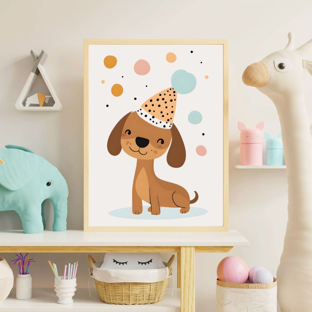 Framed children's poster of a dog with a party hat on a shelf with toys.