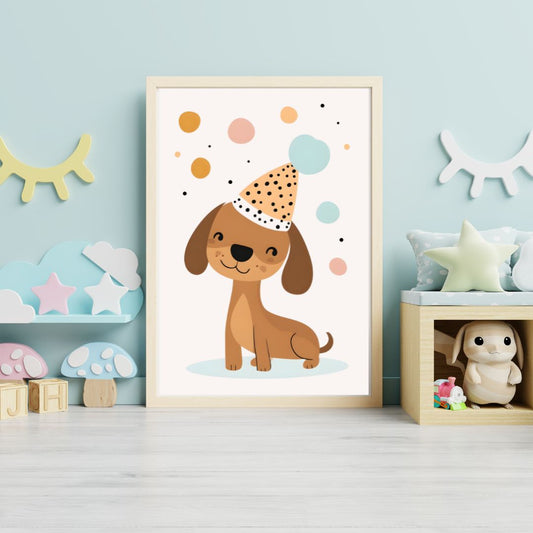 Framed children's poster of a dog wearing a party hat in a room with toys and decorations.
