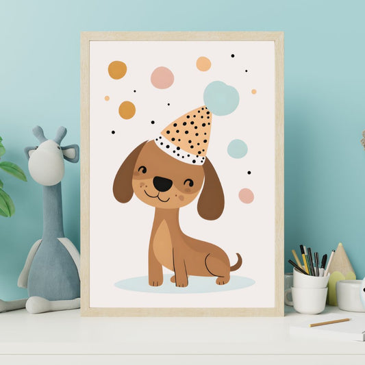 Framed children's poster of a dog wearing a party hat on a shelf with toys and stationery.