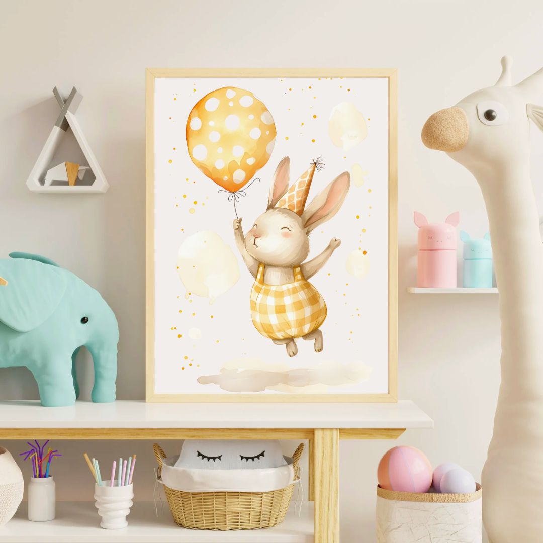 Framed children's poster of a rabbit with a yellow balloon in a playroom setting.