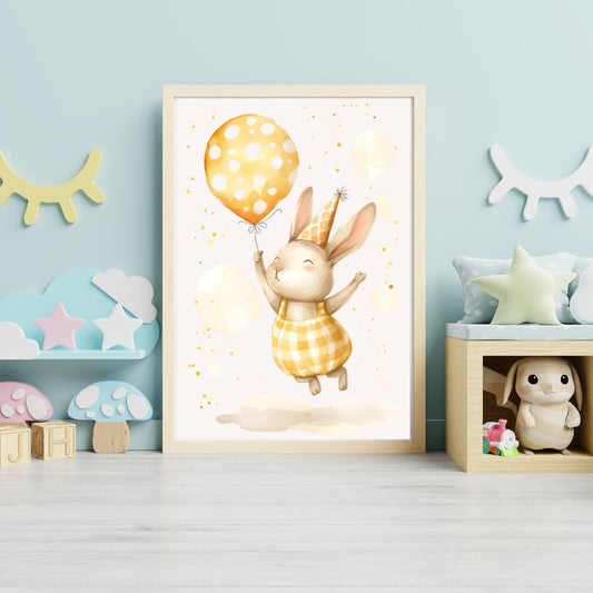 Framed children's poster of a rabbit with a balloon in a room with decorative items.